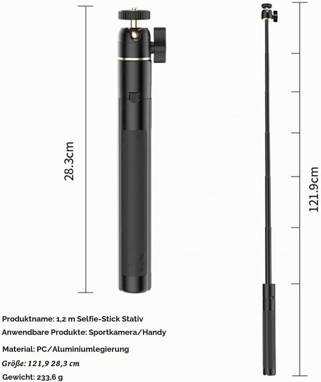 120 cm Stativ & Selfie-Stick für DJI Osmo Action 6, erweiterbares Selfie-Stick-Stativ, kompatibel mi