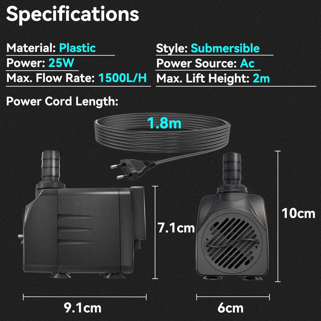 Knifel Springbrunnenpumpe 25W 1500L/H Teichpumpe Schutz vor überhitzung Funktion Ultra Leise Aquariu