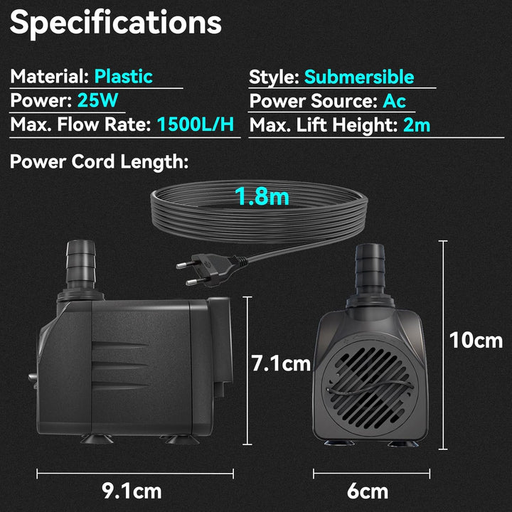 Knifel Springbrunnenpumpe 25W 1500L/H Teichpumpe Schutz vor überhitzung Funktion Ultra Leise Aquariu
