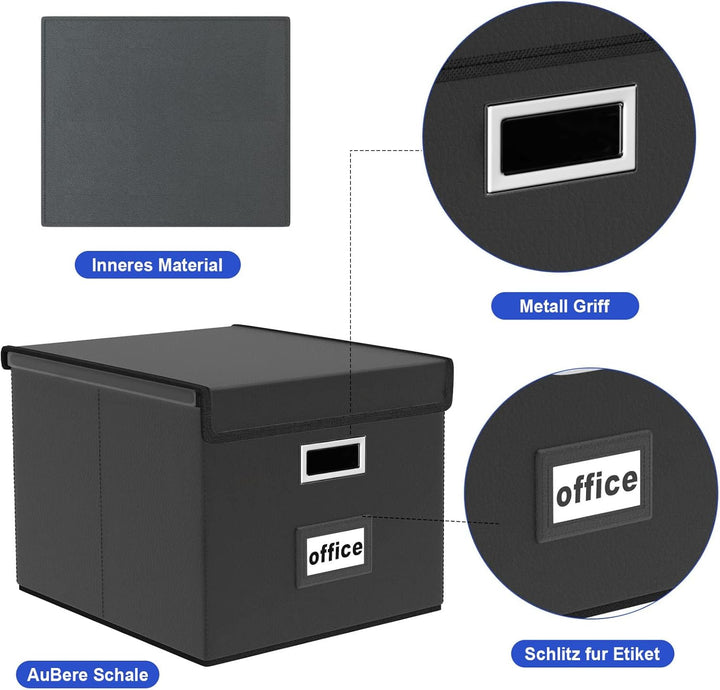 FINEW Stoff Faltbare Aufbewahrungsbox mit Deckel, Verbessertes Ledermaterial, Hängemappenbox für DIN