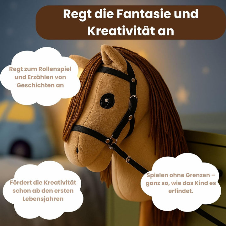 Start Hobby Horse Steckenpferd aus Plüsch mit Holzstock – Realistisches Stockpferd mit Langer Mähne
