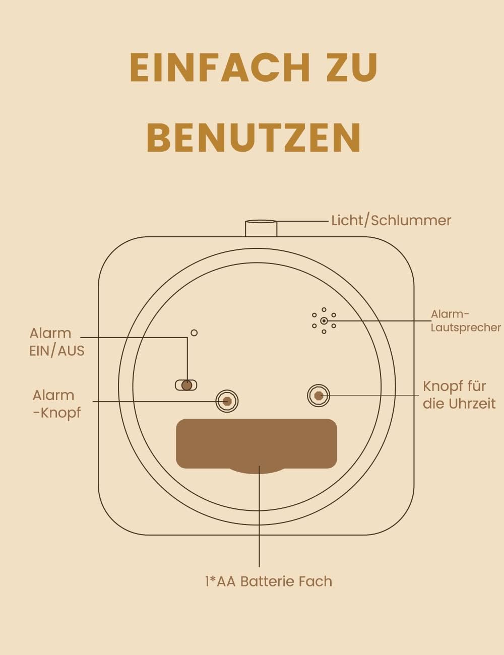 aboveClock Wecker Analog Ohne Ticken, Wecker Holz mit Snooze, Nachttisch Retro Wecker mit Nachtlicht