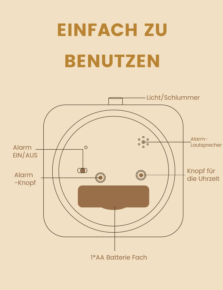 aboveClock Wecker Analog Ohne Ticken, Wecker Holz mit Snooze, Nachttisch Retro Wecker mit Nachtlicht
