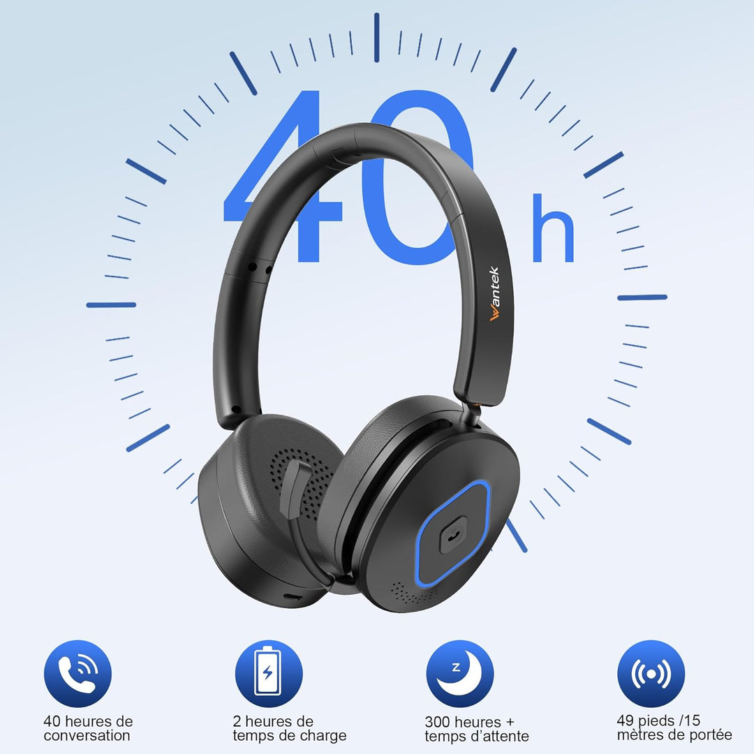 Wantek Kabelloses Headset | 2.4G/BT 6.0 Doppelmodus | 40h Akkulaufzeit | Rauschunterdrückungsmikrofo