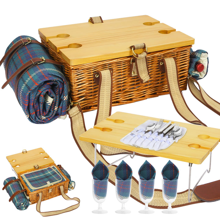 HYBDAMAI Picknickkorb-Set mit Klapptisch und Besteck-Set, Picknickkorb für 4 Personen mit kühltasche