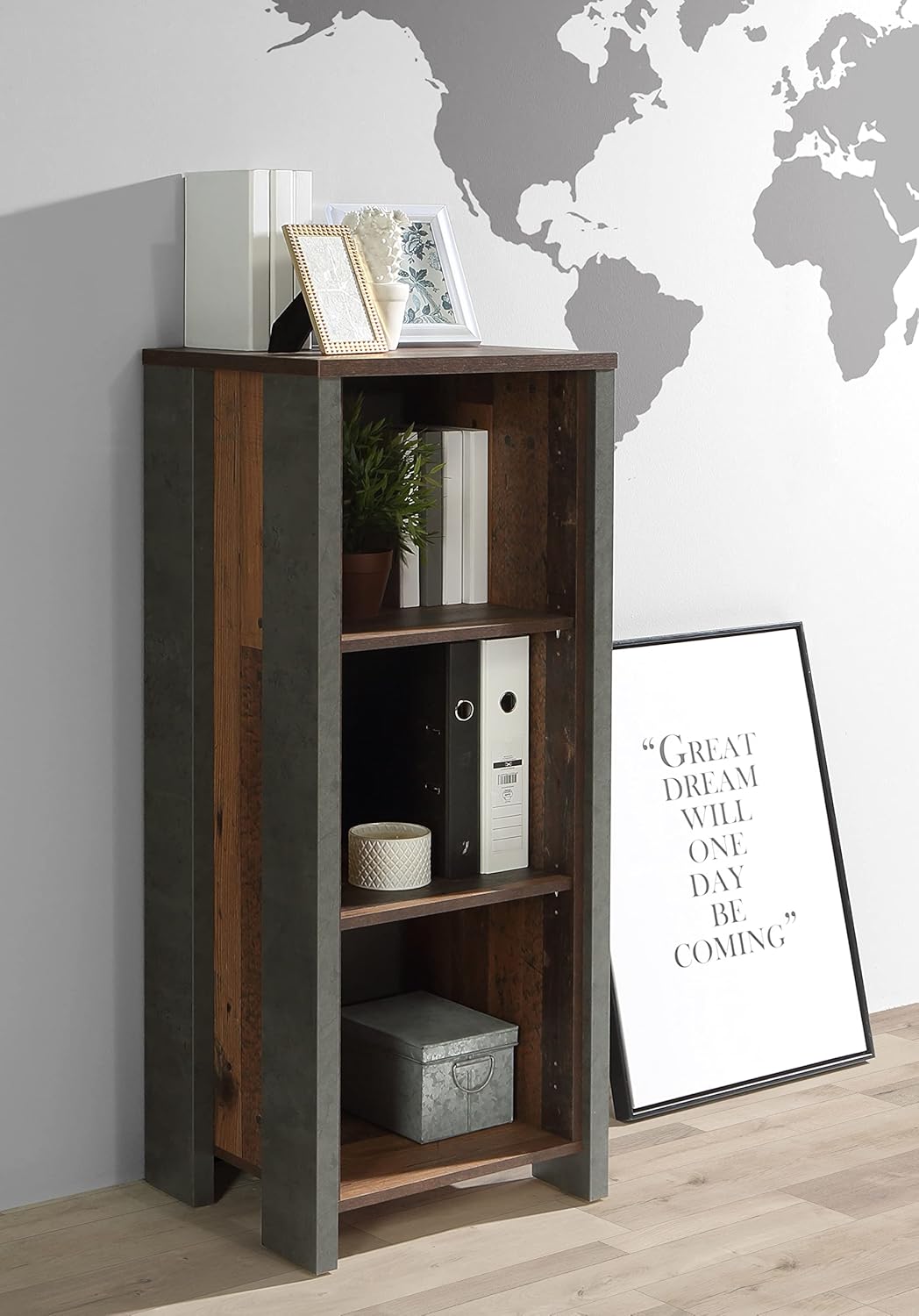 Forte Clif Regal, Holzwerkstoff, Old – Wood Vintage / Betonoptik Dunkelgru, B/H/T: 47 / 115,1 / 41,6