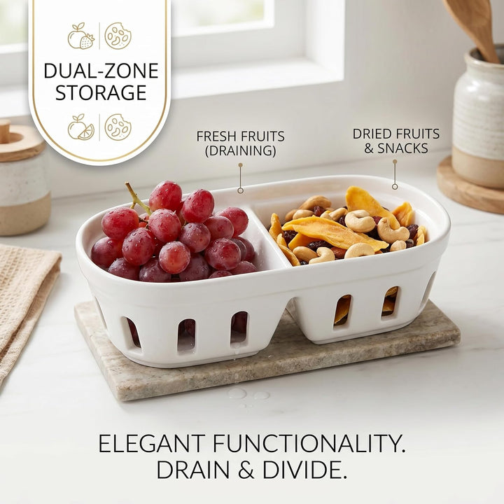 Keramik-Obstkorb, Keramik-Beerenschale mit Drainagelöchern mit Zwei Fächern, Obstkorb für Snacks und