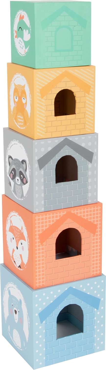 Small Foot Stapelwürfel Pastell aus Pappe mit Tierfiguren aus Holz, Stapelturm für Kleinkinder ab 12