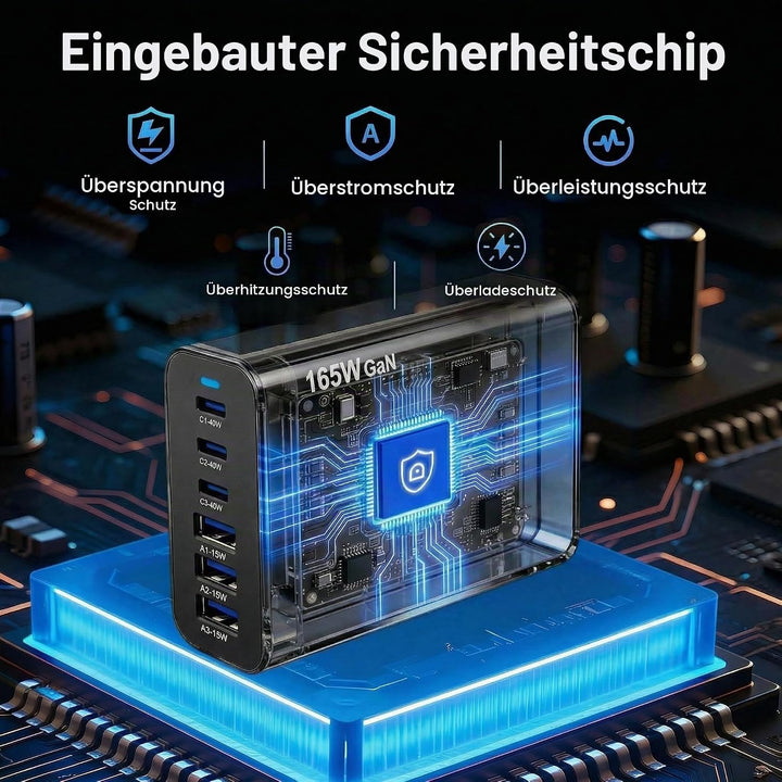 6 Ports Ladestation Schnellladegerät, 165W USB C Schnelllade Netzteil, PD Power GaN Ladegerät kompat
