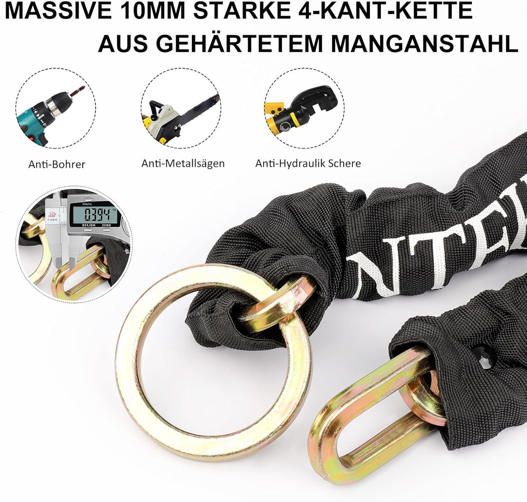 INTEKIN Fahrrad Kettenschloss aus 10mm gehärtetem Stahl, 100cm lang Motorradschloss/Fahrradschloss K