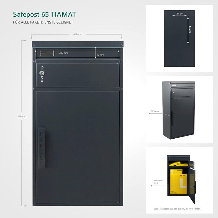 Safepost 65 TIAMAT Paketbriefkasten - mit Paketfach - Standbriefkasten - Exklusivmodell (anthrazit m
