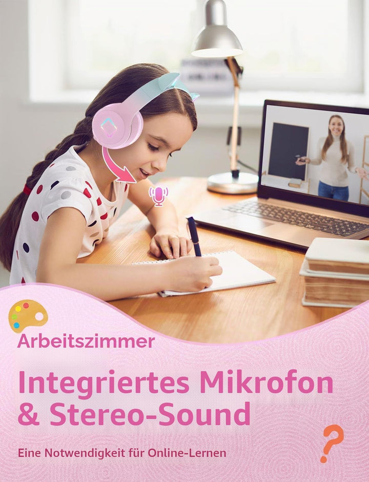 Bluetooth Kopfhörer Kinder,Kabellos Kinder Kopfhörer mit LED-licht Katzenohren und Mikrofon,HD Stere