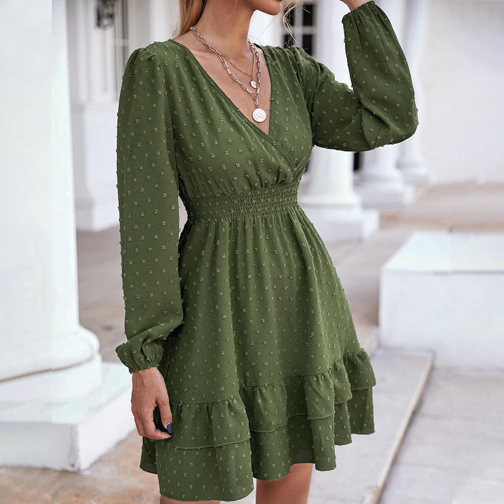 Damen Langarm Kleid V-Ausschnitt Wickelkleid Tunika Kleider Partykleid Sexy Casual Midikleid Elegant