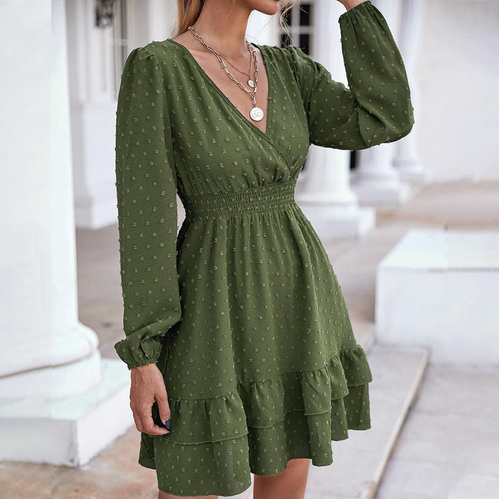 Damen Langarm Kleid V-Ausschnitt Wickelkleid Tunika Kleider Partykleid Sexy Casual Midikleid Elegant