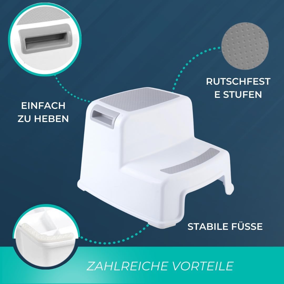 BUDDLEY Tritthocker 2 Stufen - Kinder & Erwachsene - Antirutsch - Küche Badezimmer WC - Kunststoff -