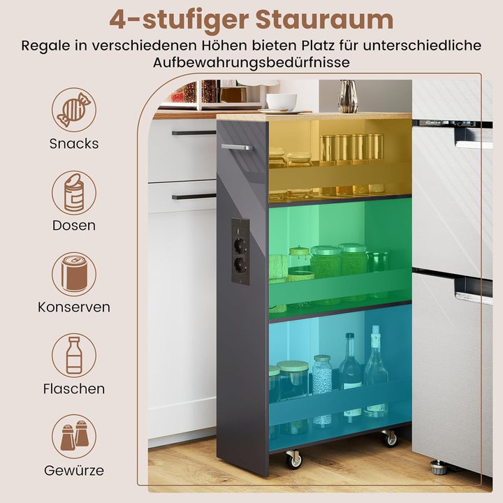 COSTWAY Nischenwagen 20cm breit, 4 Etagen Küchenwagen schmal mit Ladestation, Nischenregal auf Rolle