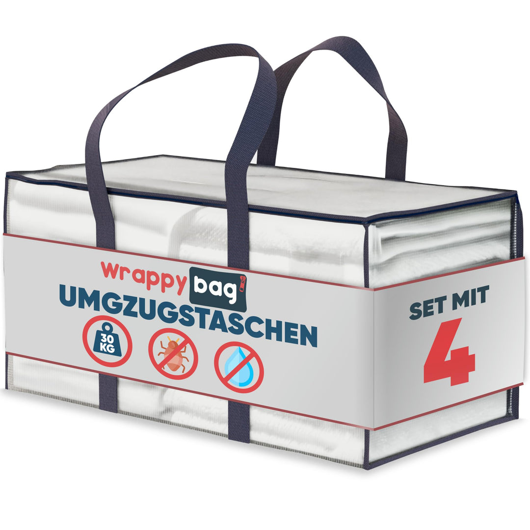 WRAPPYBAG im 4er-Pack Grosse Aufbewahrungstaschen aus transparentem Kunststoff – XXL-Tasche für Umzu