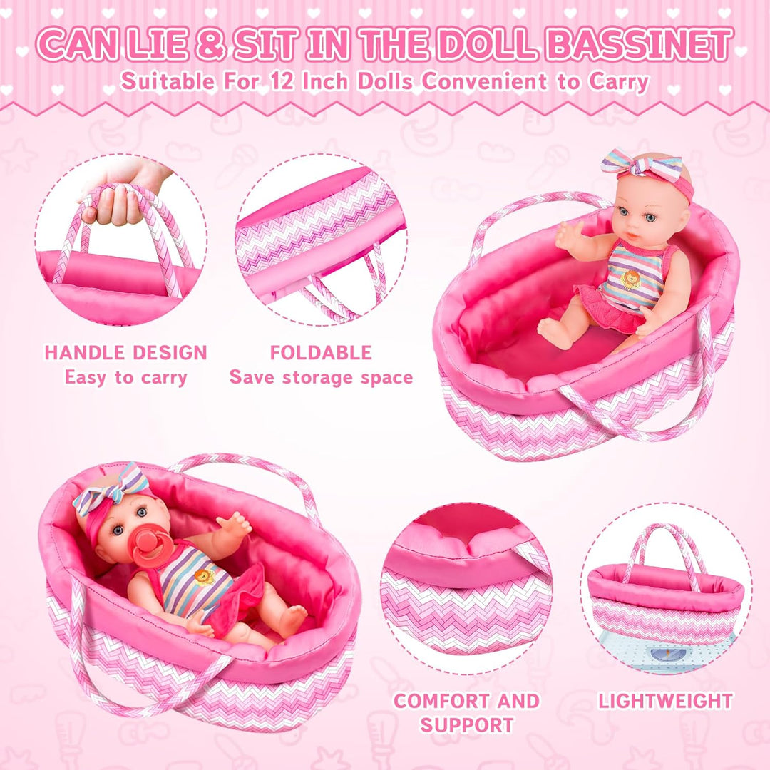 deAO 12”Baby Puppe, Spielpuppe mit Backbag, Handheld-Halterung, Tragbarer Schulranzen, Puppenkleidun