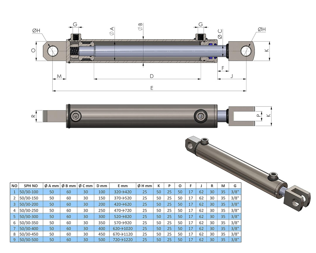 Hydraulik-Zylinder doppelwirkend 50/30 versch mit Gabeln Hub 100 mm Bis 500 mm (50/30-250), 50/30-25