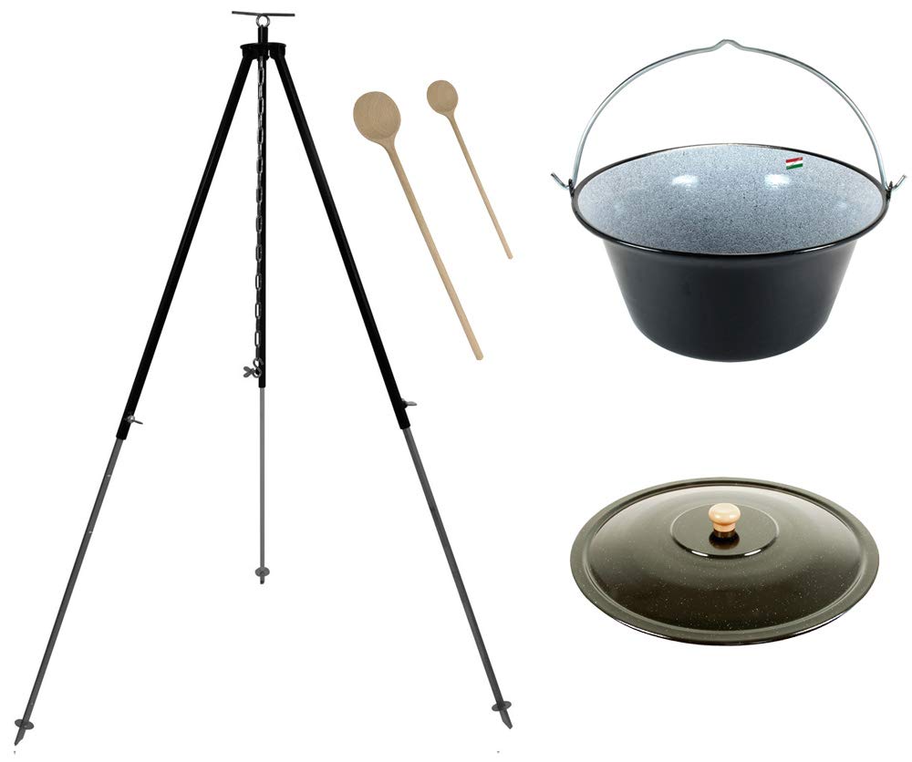 Grillplanet® Set 10 L Gulaschkessel mit Dreibein schwarz 1,80 m und Deckel (10 Liter original ungari