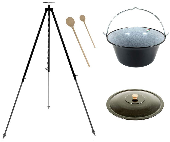 Grillplanet® Set 10 L Gulaschkessel mit Dreibein schwarz 1,80 m und Deckel (10 Liter original ungari
