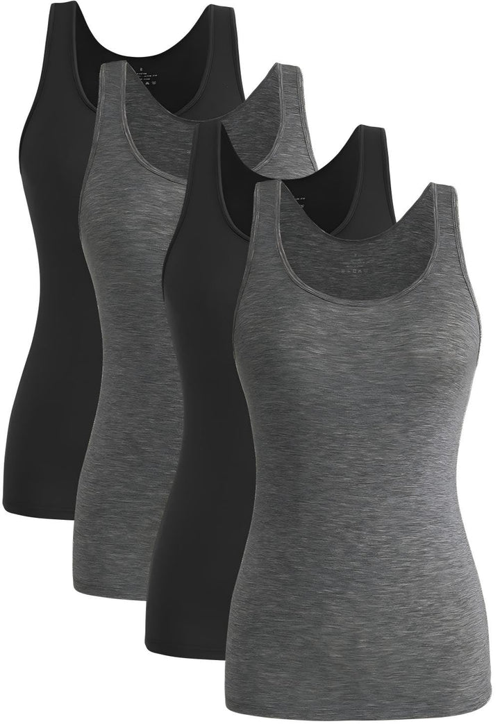 Knuffnee Damen Stretch Unterhemd Basic Tank Tops Workout Unterhemden Tops 4er Pack S Schwarz/Dunkelg