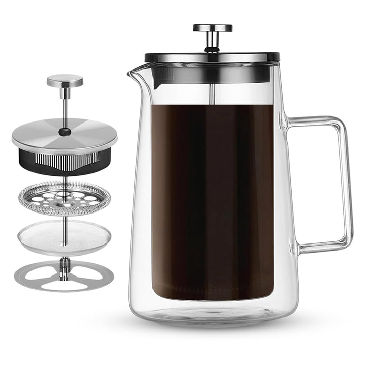 French Press Kaffeebereiter, Glas Kaffeepresse, Kaffeezubereiter für Zuhause, Thermo Doppelwand Desi