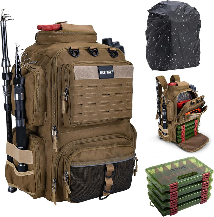 Goture Angelrucksack mit 4 Köderbox Angeln, 45-Liter Angelzubehör-Rucksack mit Zwei Rutenhaltern und