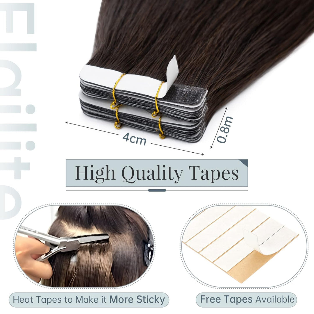 Elailite Extensions Echthaar Tape #2 Dunkelbraun, 20 Stück/Packung Real Human Hair, 35cm Indian Haar