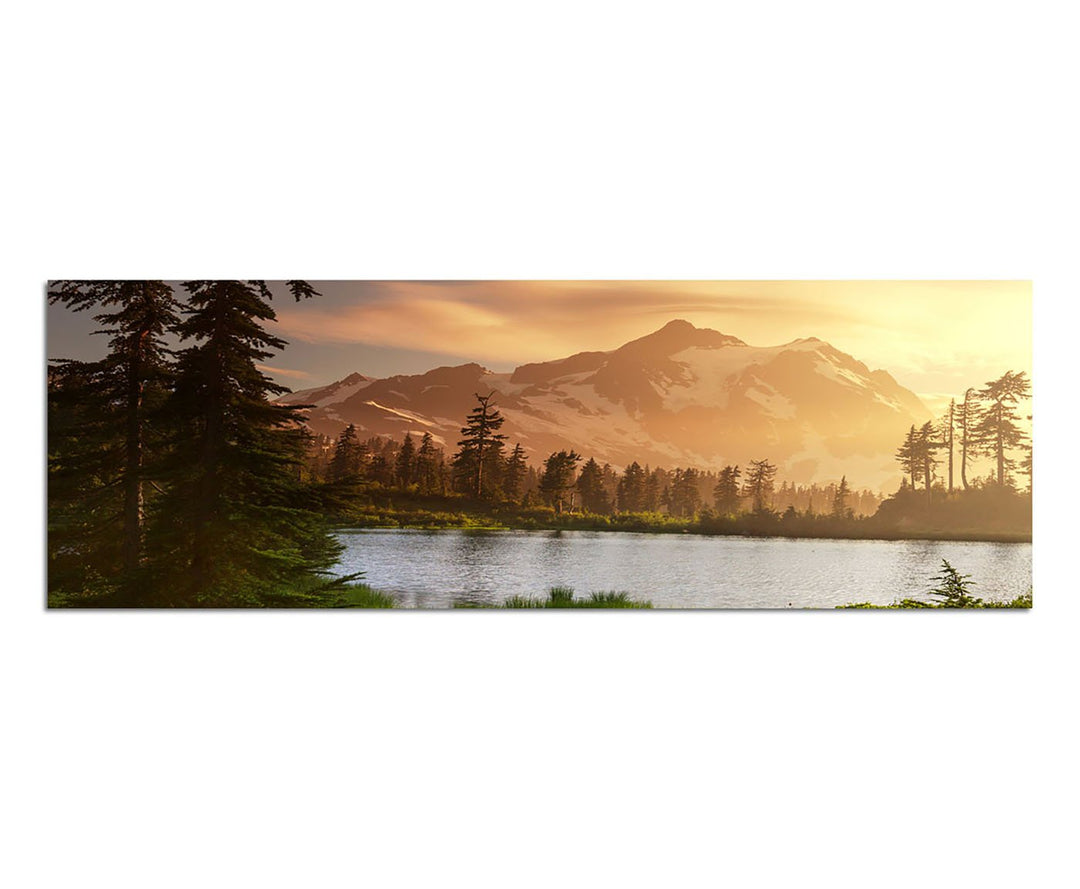 Paul Sinus Art Panoramabild auf Leinwand und Keilrahmen 150x50cm Berge Schnee Waldsee Bäume Natur
