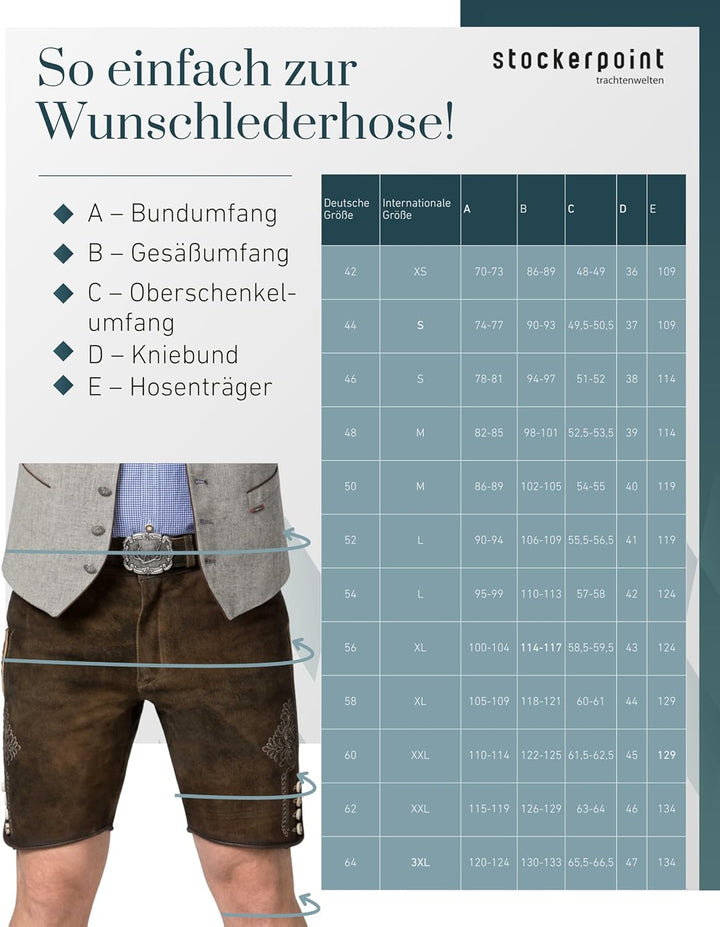 Stockerpoint Herren Lederhose Corbi4 I Grösse 44-64 I Bequeme Trachtenhose in edler Hirschoptik inkl