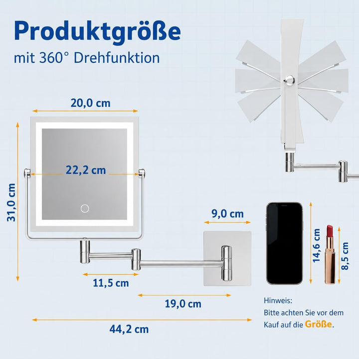 Ruacq Wiederaufladbarer Wand-Make-up-Spiegel mit Beleuchtung, doppelseitig, 1-fach/10-fache Vergröss