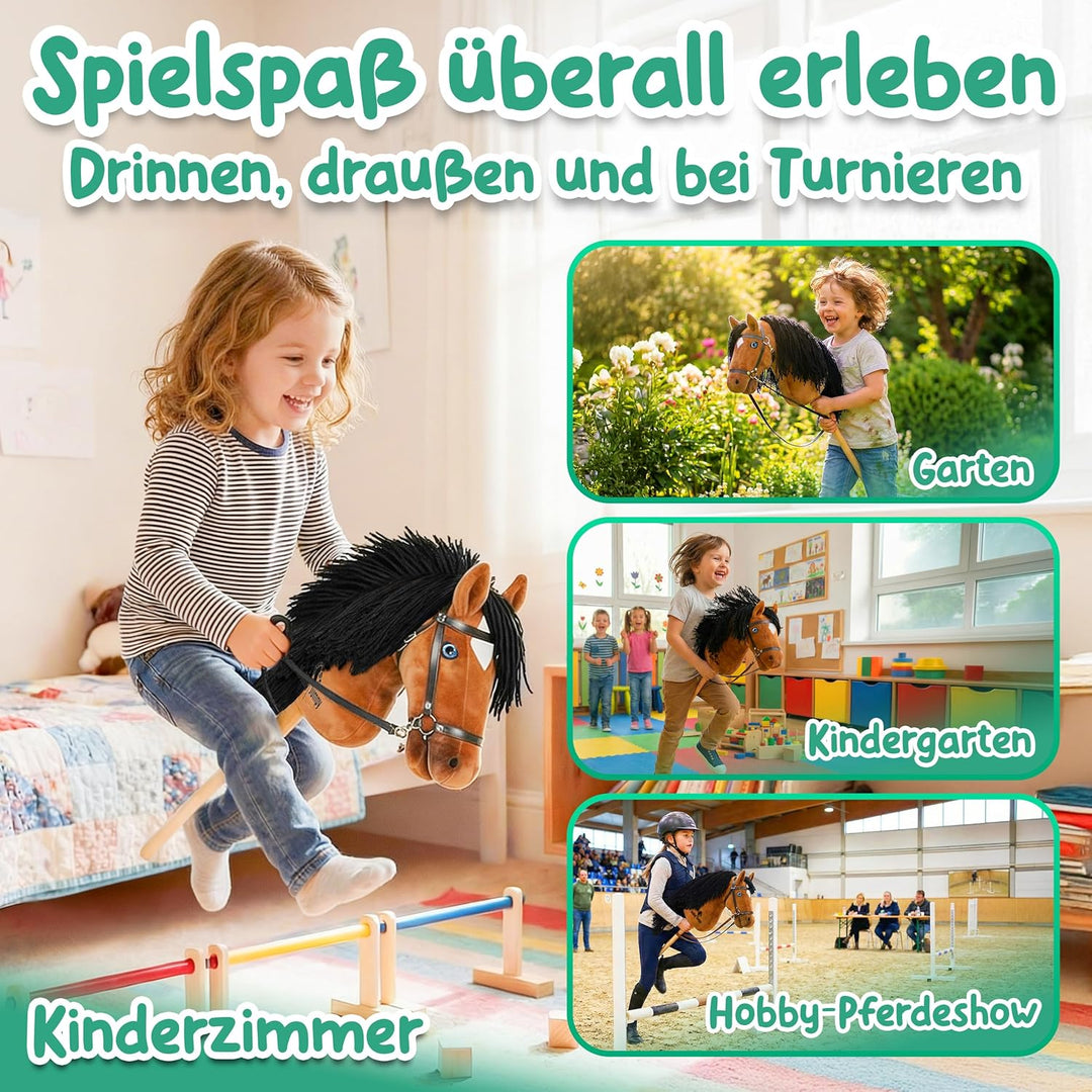 HobbyJumpy Neu Premium Hobby Horse,Steckenpferd,Stockpferd mit realistischen Augen & Stall‑Karton –