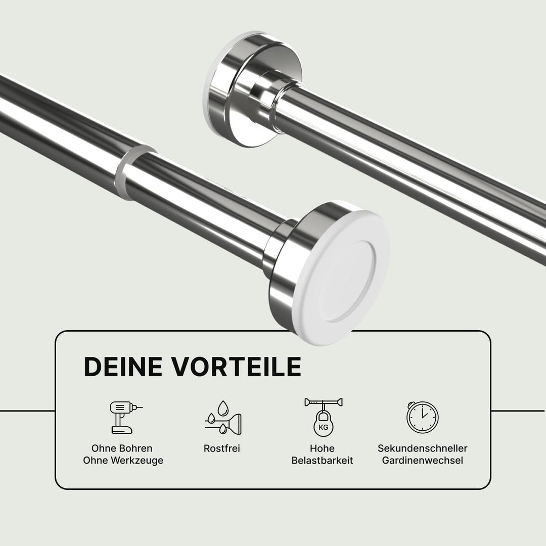 MEISENBERG Gardinenstange zum Klemmen 110-200cm, Silber, Ø 25 mm, Duschstange ohne Bohren - Vorhangs
