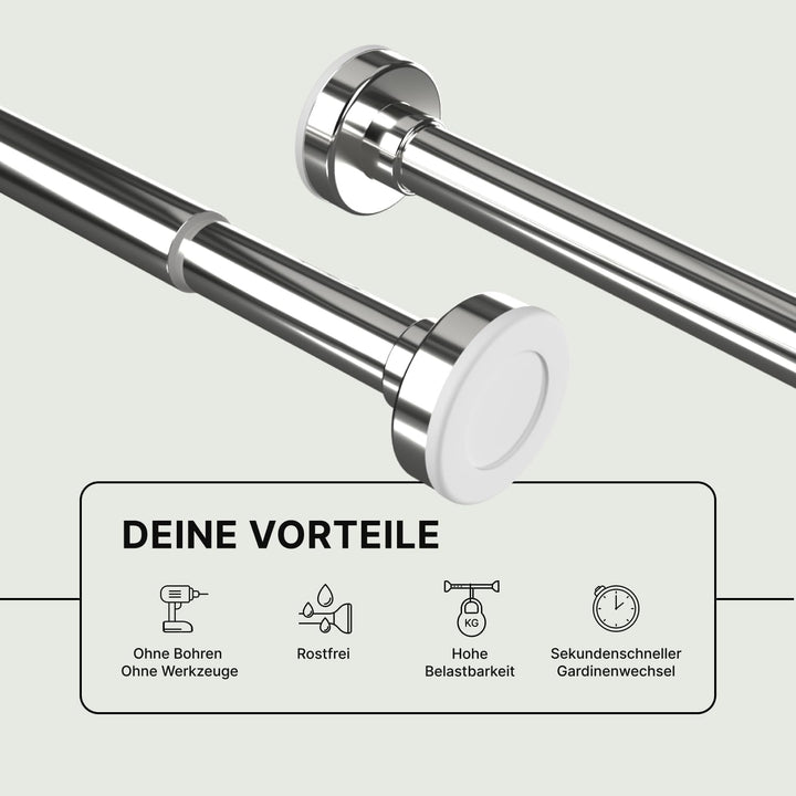 MEISENBERG Gardinenstange zum Klemmen 110-200cm, Silber, Ø 25 mm, Duschstange ohne Bohren - Vorhangs