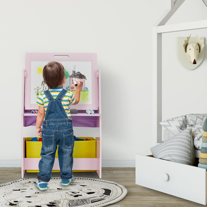Relaxdays Kinderregal mit Tafel, Spielzeugregal mit 2 Fächern & Stoffbox, HBT: 84x52x45 cm, Spieltaf