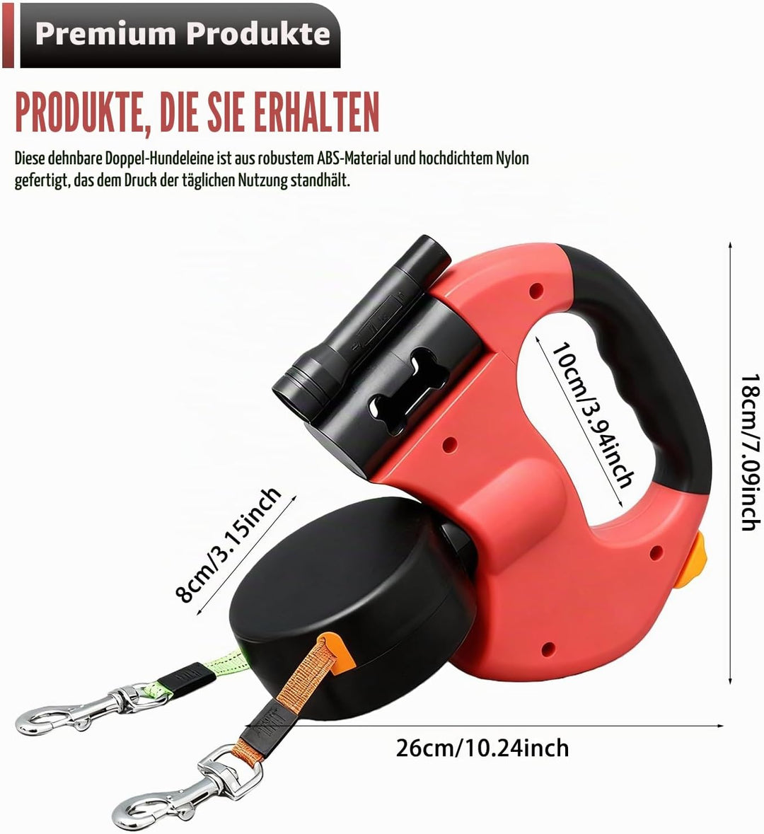 Einziehbare Hundeleine für 2 Hunde, 3m Doppelleine für 2 Hunde mit Licht, Anti Rutsch Griff, auszieh