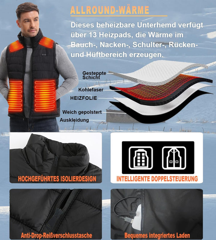 Beheizbare Weste, beheizbare weste herren mit akku, heizweste mit 13 Heizzone, 3 Einstellbar Tempera