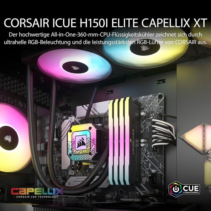 Corsair iCUE H150i ELITE CAPELLIX XT Liquid CPU Cooler - Drei AF120 RGB Lüfter - 360mm Radiator - In