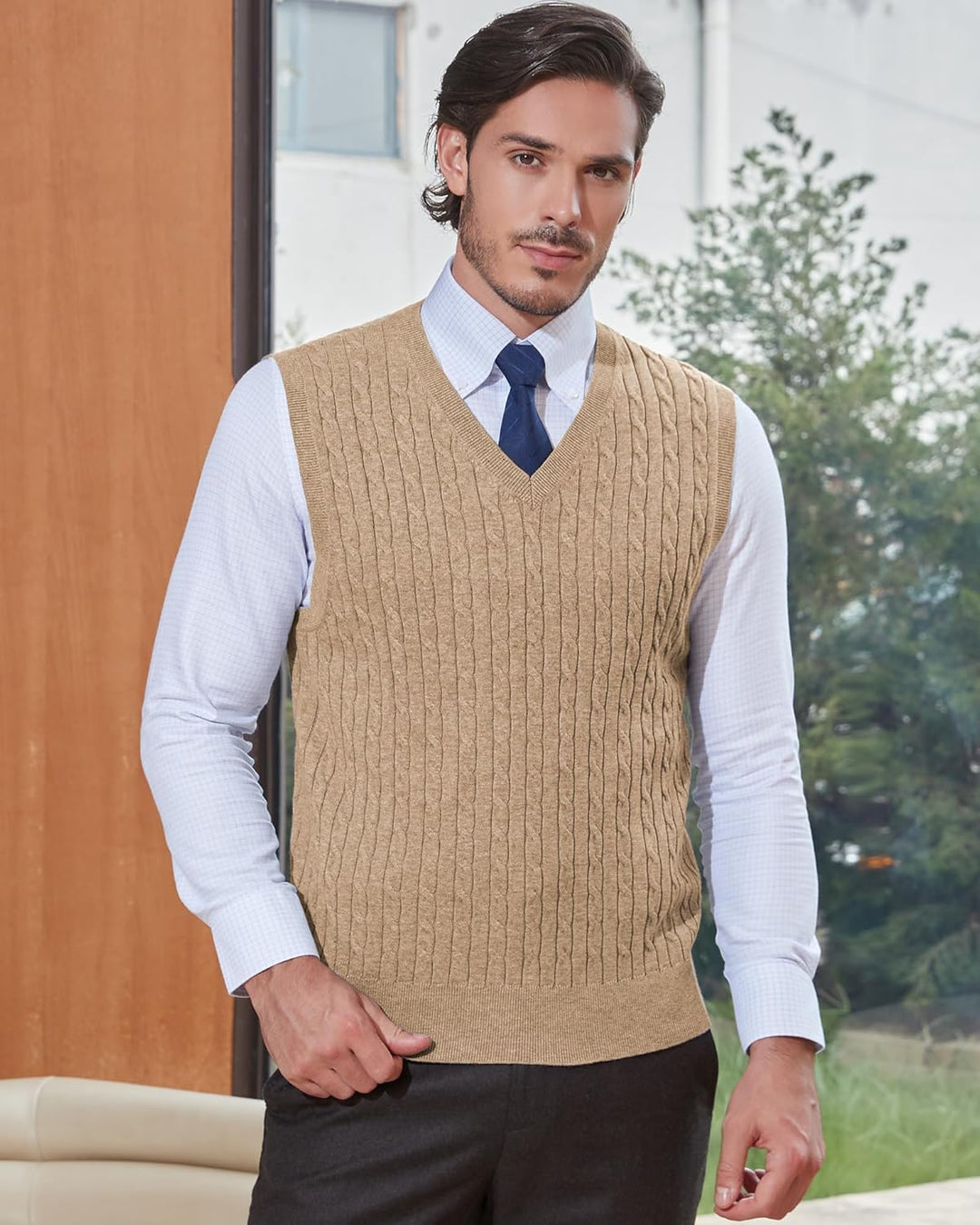 Kallspin Herren Strickweste Pulunder Ärmellos Zopfstrick V-Ausschnitt aus Wollmischung XL Tall Kaffe