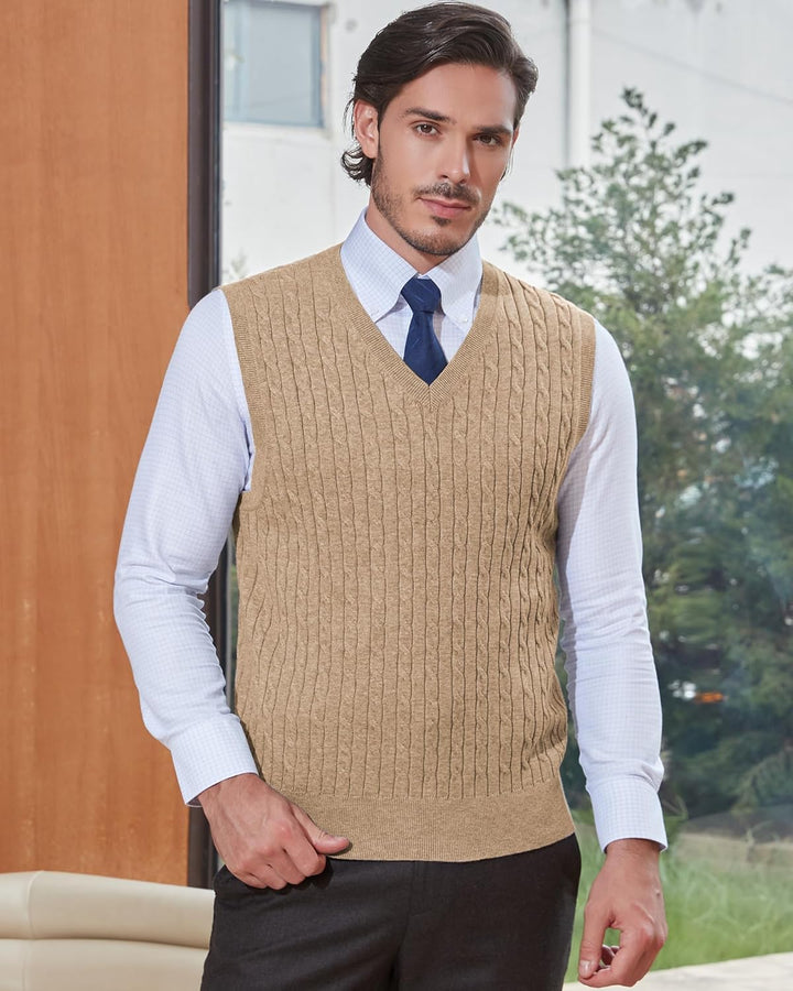 Kallspin Herren Strickweste Pulunder Ärmellos Zopfstrick V-Ausschnitt aus Wollmischung XL Tall Kaffe