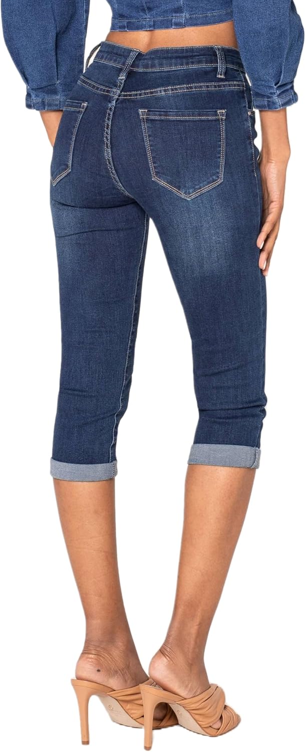 Nina Carter P132 Damen Capri Skinny Fit Jeanshosen HIGH Waist Jeans Used-Look Waschungseffekt M Dunk