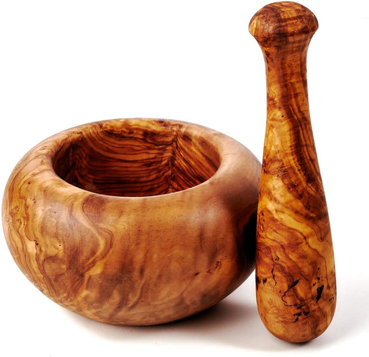 DAS OLIVENHOLZBRETT ® Mörser und Stössel aus Holz, Olivenholz, runder Rand (ca. 16cm Durchmesser), c