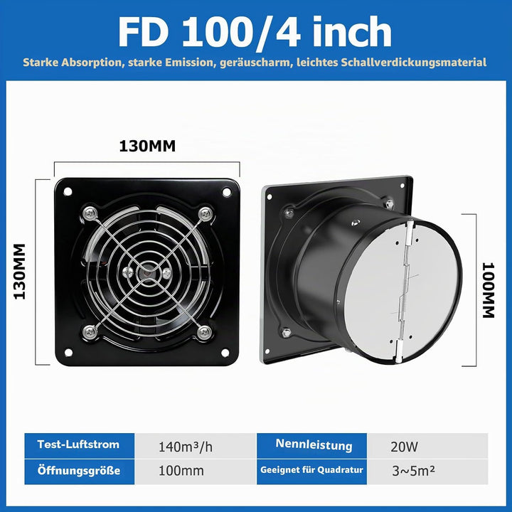 100mm Abluftventilator 140m³/h, badlüfter 100mm mit Rücklaufklappe, Rauchabzug Wandventilator Abluft