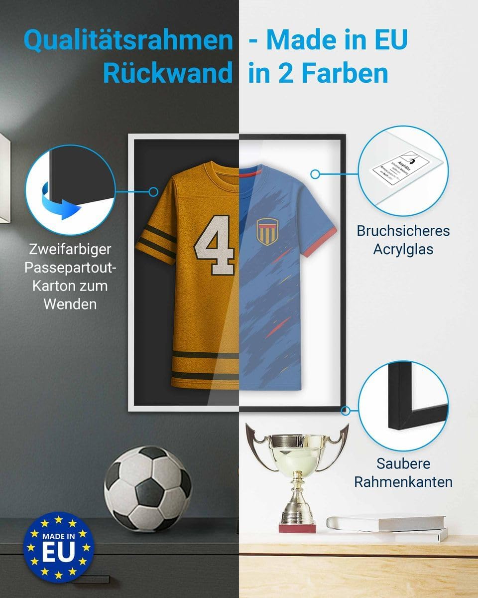 PHOTOLINI Bilderrahmen Trikotrahmen Fussball 70x90, Schwarzer Bilderrahmen für Trikot, Rahmen Trikot