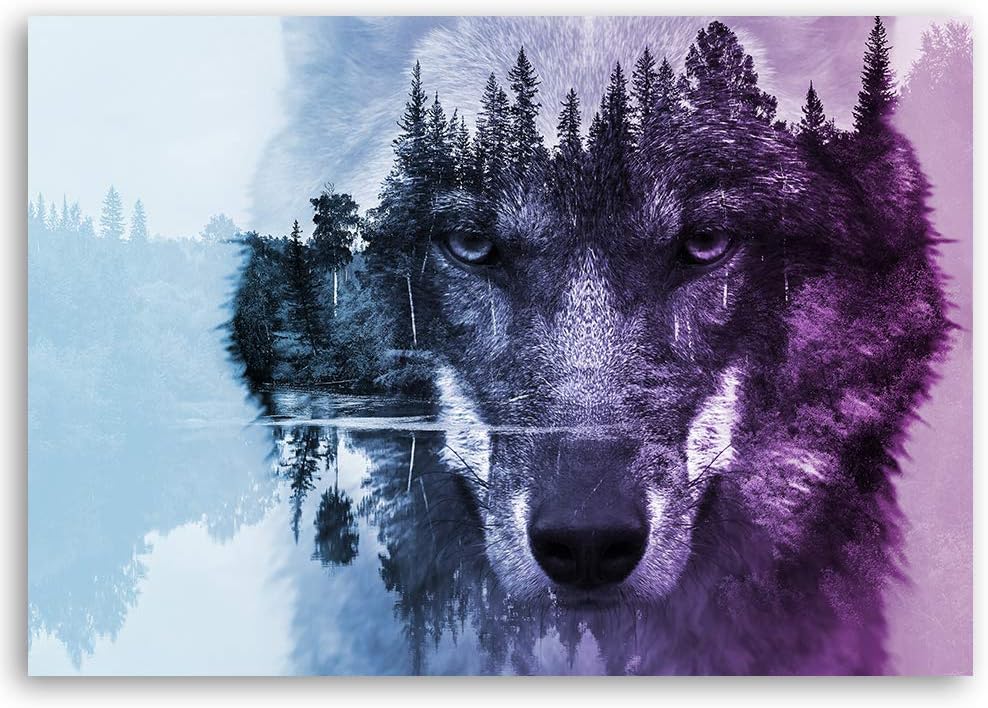 Feeby Bild auf Leinwand Wolf Wald im Nebel 90x60 cm 1 Teilig Bilder Wandbilder XXL Modern Leinwandbi