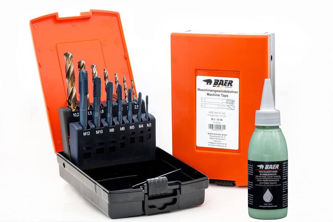BAER Gewindeschneider Set M3 - M12 | HSSE Edelstahl | Edelstahlbohrer inklusive Bohrpaste | Maschine