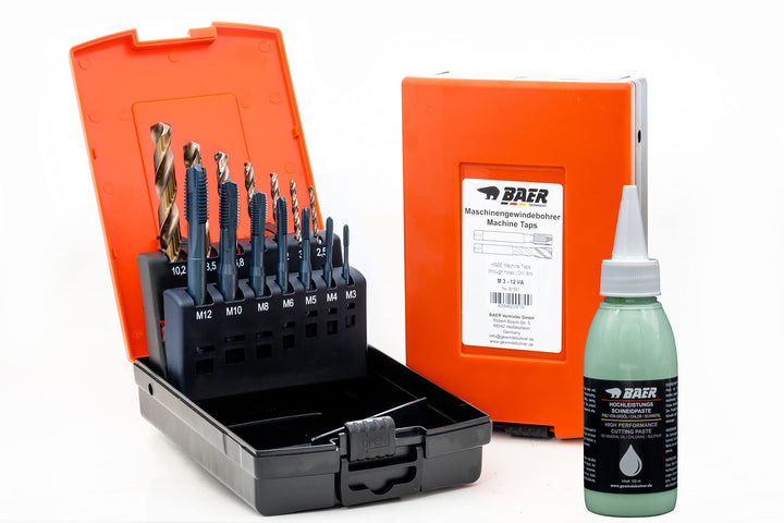 BAER Gewindeschneider Set M3 - M12 | HSSE Edelstahl | Edelstahlbohrer inklusive Bohrpaste | Maschine