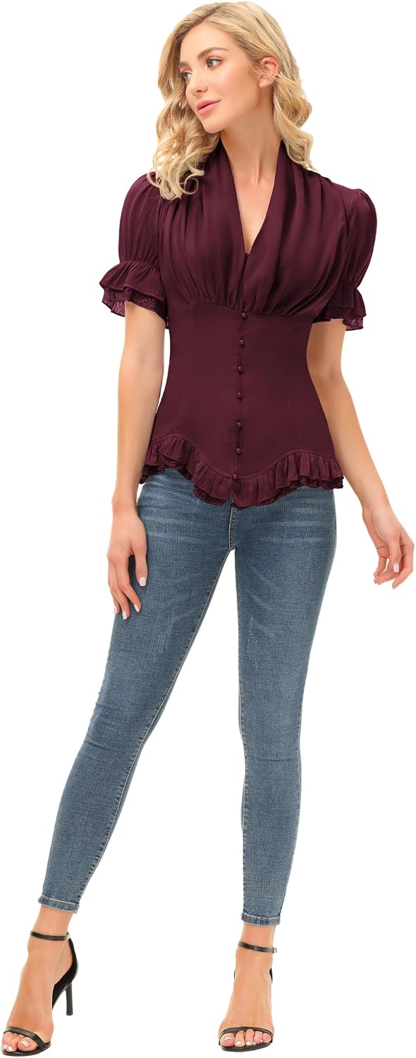 SCARLET DARKNESS Damen Rüschenbluse Mittelalter Spitzen Shirt Gothic Bluse | Kurzarm mit Rüsche, V-A