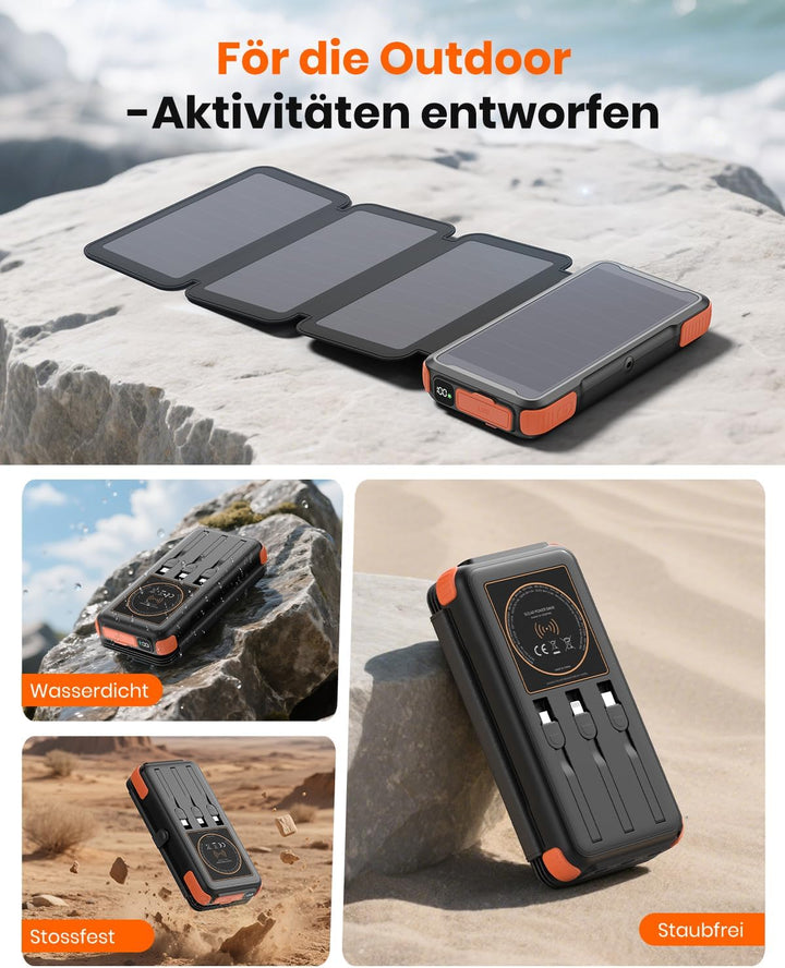 A ADDTOP Solar PowerBank Wireless - 16000mAh Power Bank mit 3 Integrierten Kabelns - 20W Schnelllade